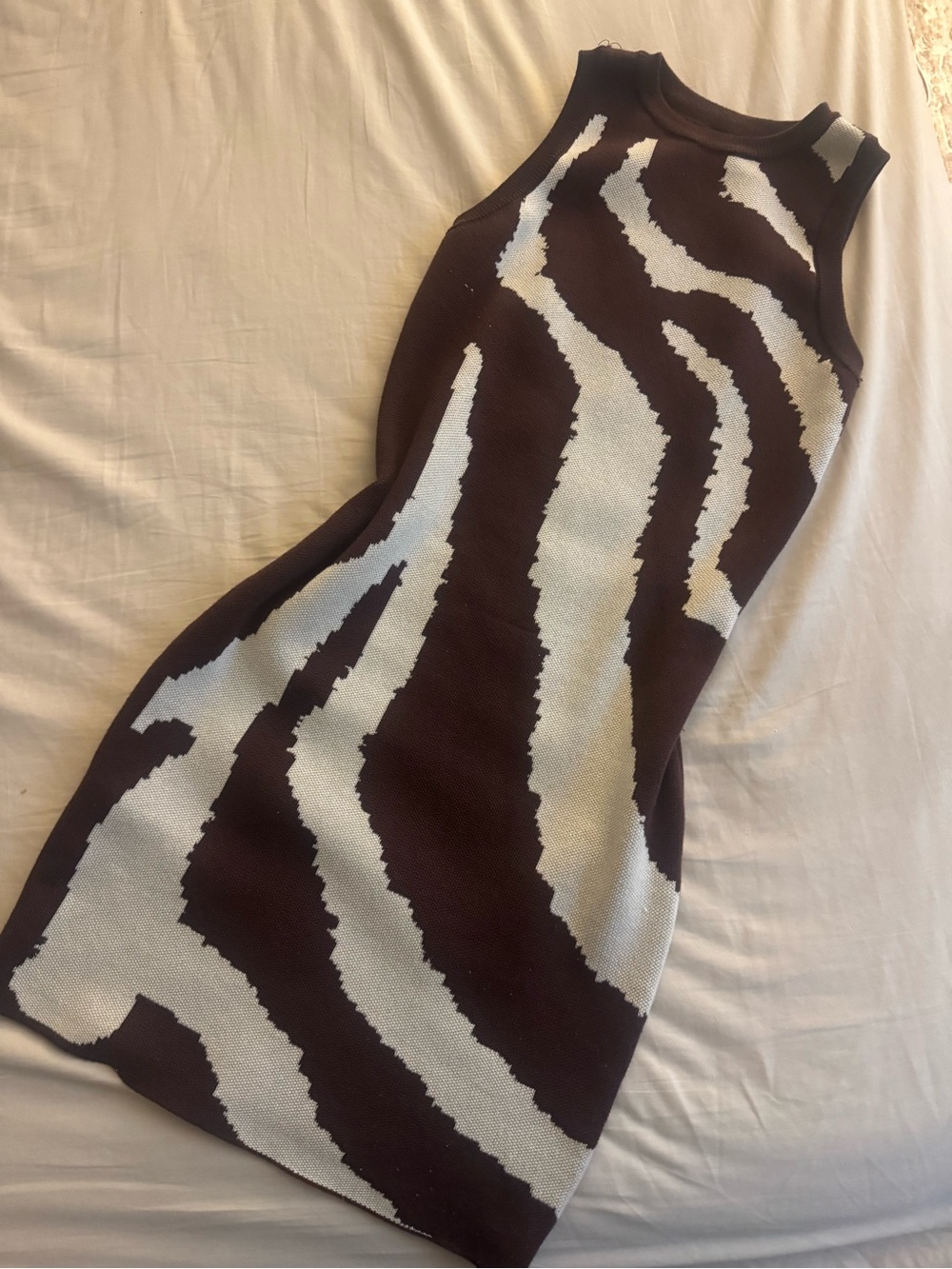 Sleeveless Brown and Cream Zebra-Print Knit Dress
